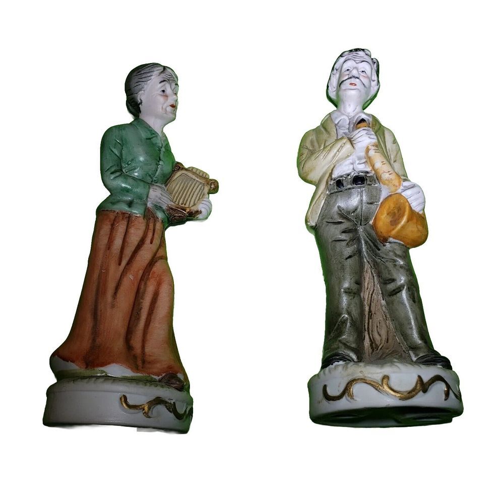 Flambro‎ Porcelain Figurines Elderly Old Man & Old Woman Musical Instruments